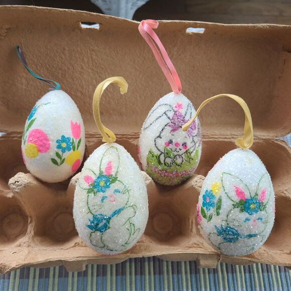 Vintage Large Sugared Glitter Foam Mod Eggs Floral Easter Decoupage Handmade - Picture 2 of 9